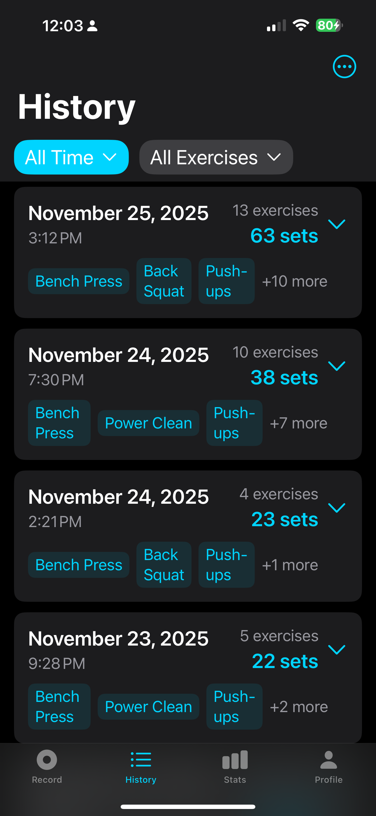 Workout history feature